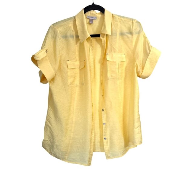 Roz & Ali Yellow Button-Down Blouse With Roll Tab Sleeves L - Picture 1 of 7